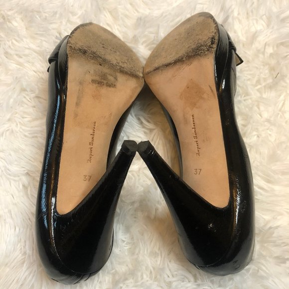 RUPERT SANDERSON BLACK OPEN TOE PATENT LEATHER  PUMPS SHOES  7 - Picture 6 of 9
